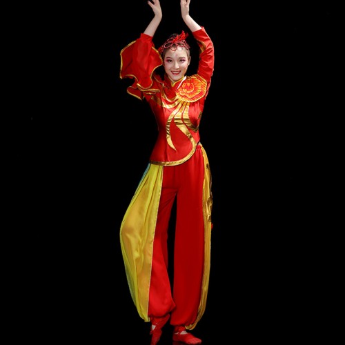 Female Red with gold chinese folk Dance Costume chinese dragon lion dance drummer performance dresses Lantern Dance Drumming Dance for women